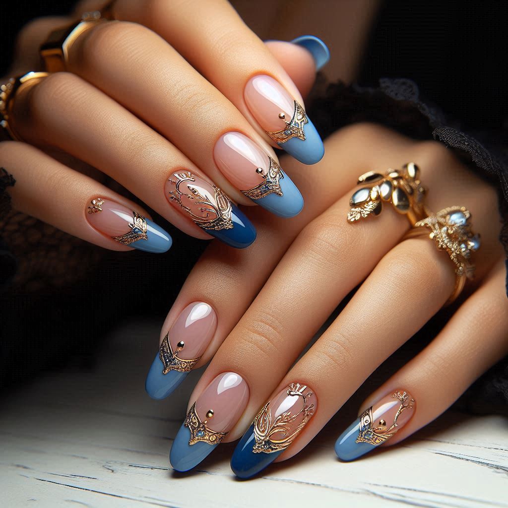 Blue and Gold French Tip Nails