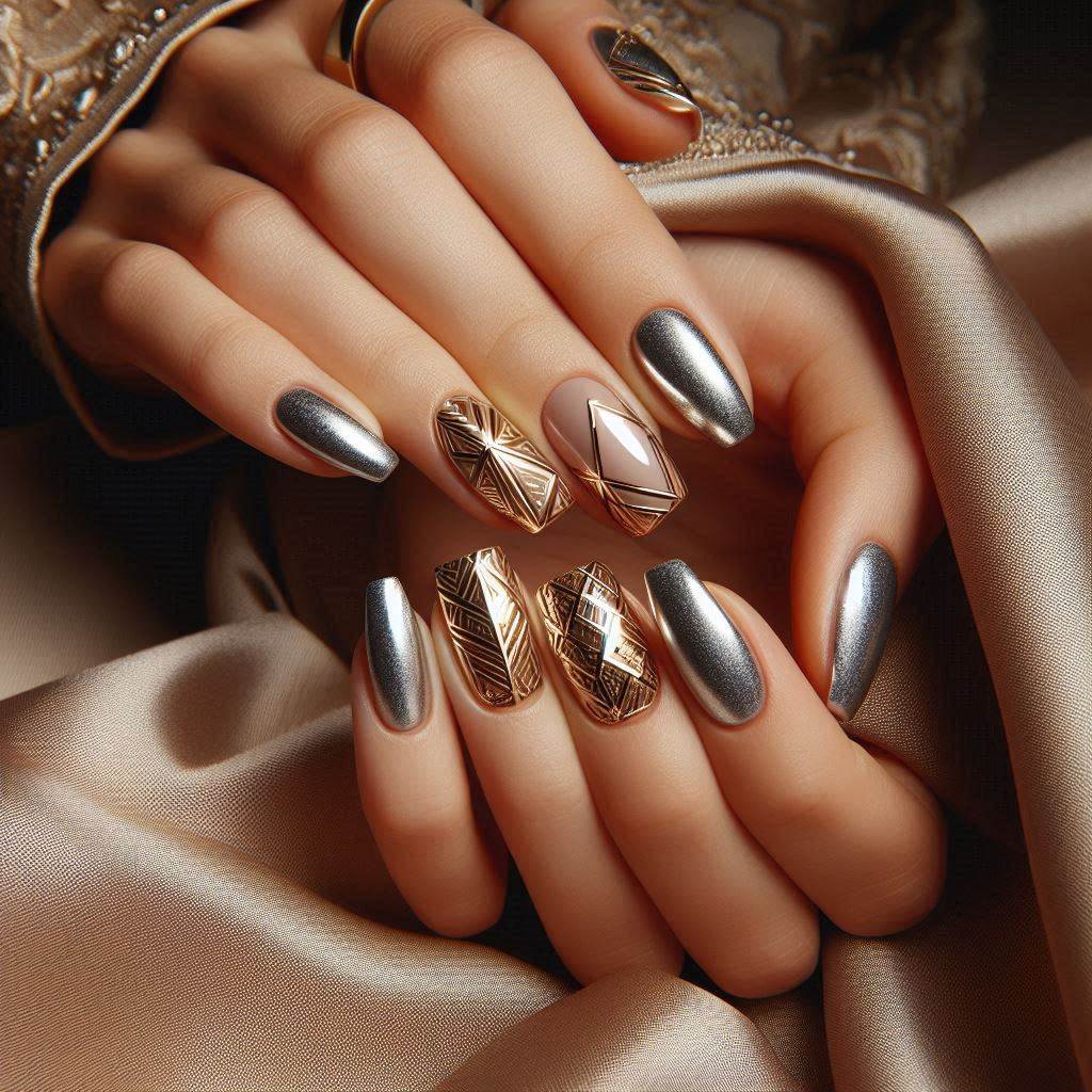 Nude Chrome Nails with Design