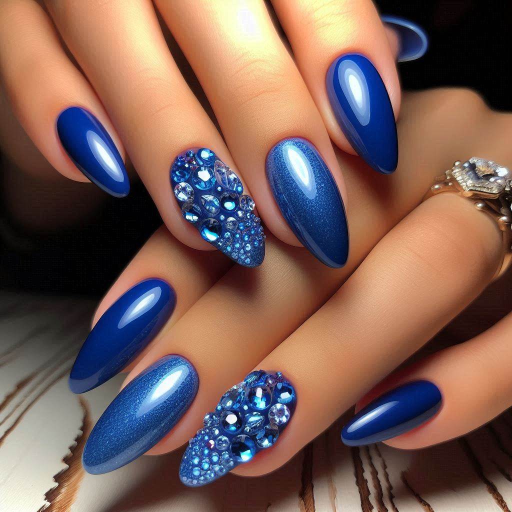 Royal Blue Short Acrylic Nails with Bling