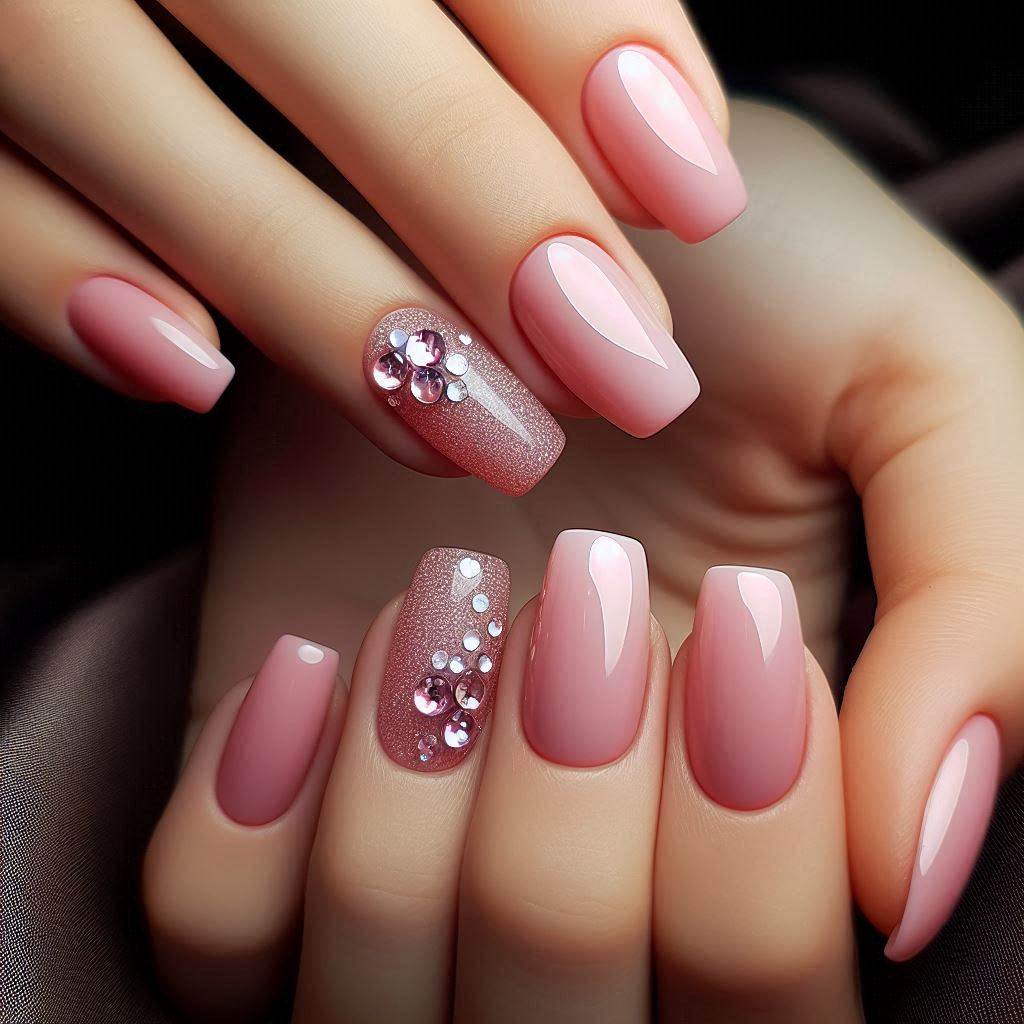 Short Pink Bling Nails Rhinestones