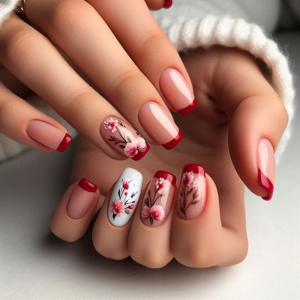 Short Red French Tip Nails with Floral Patterns