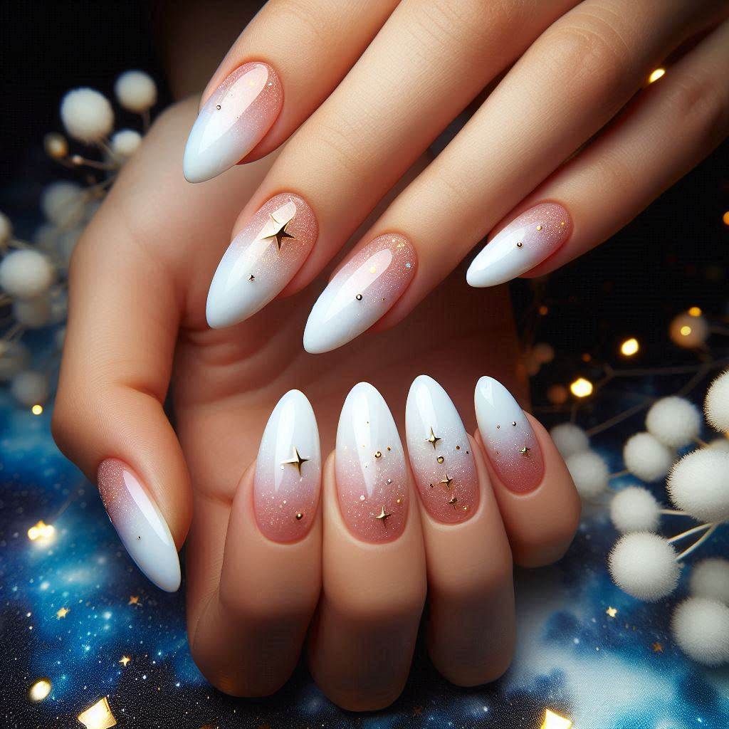 Celestial White Ombre Almond Nails with Stars for a Magical Look