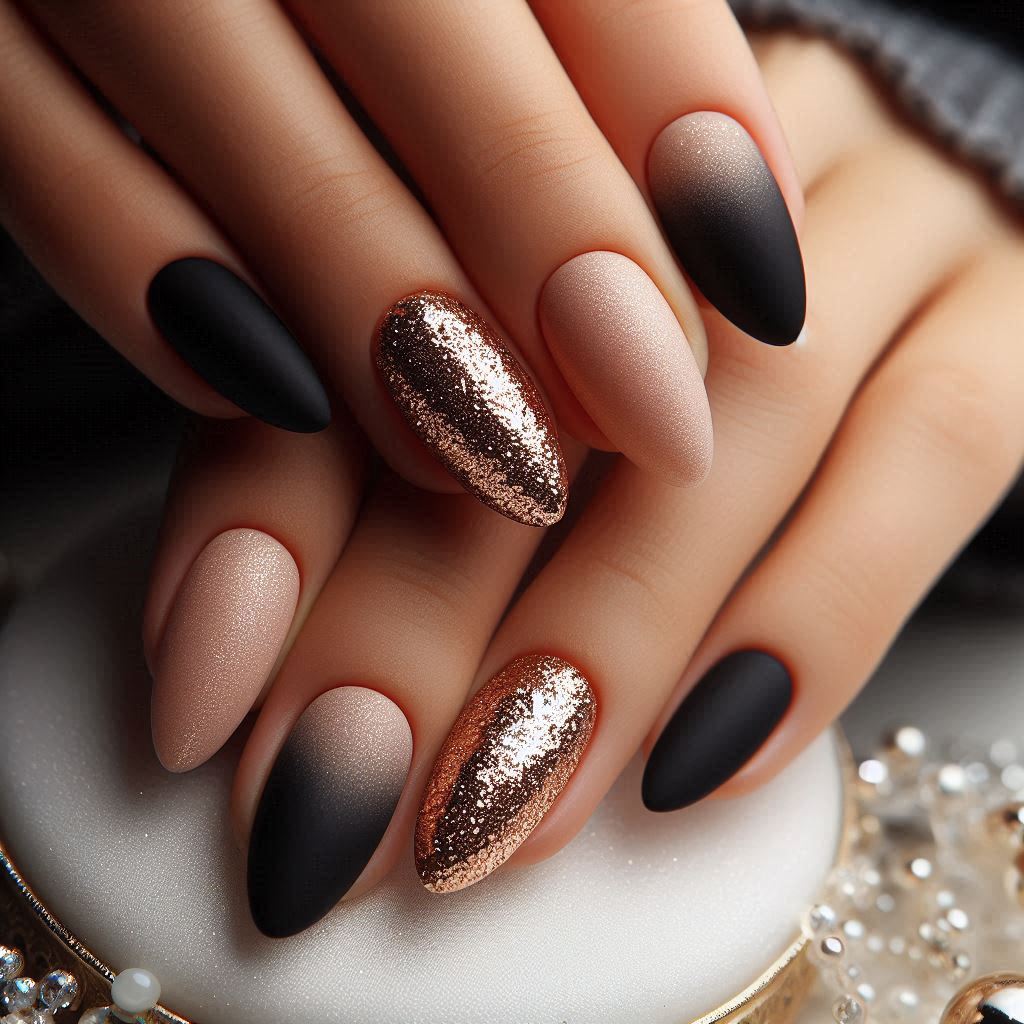  Champagne Chic: Matte Black with Champagne Glitter Ombre