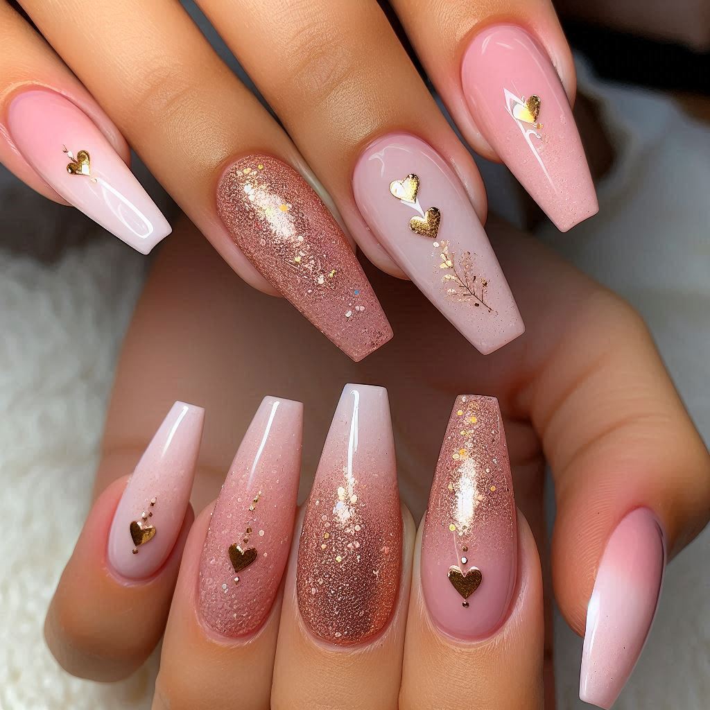 Girly Acrylic Nails Pink and Gold 