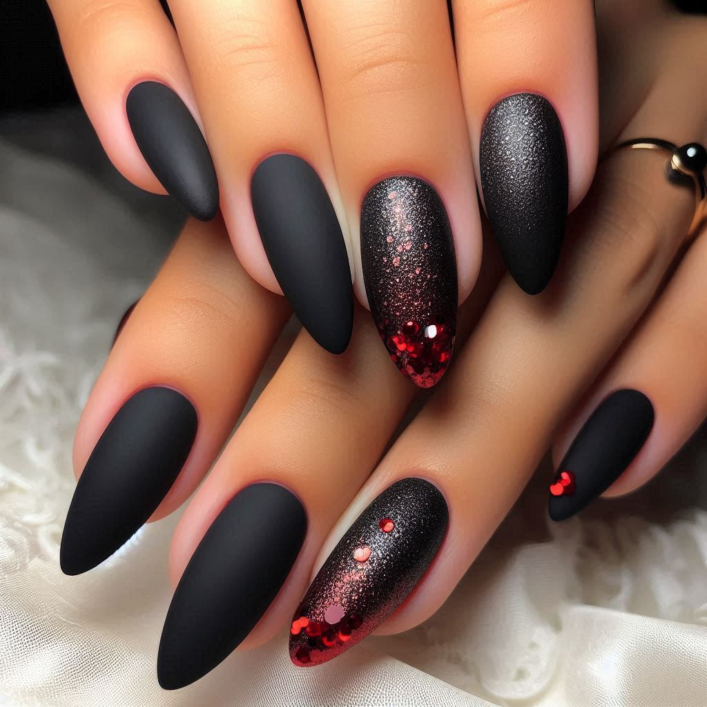 Sleek Black Matte with Red Sparkle Tips