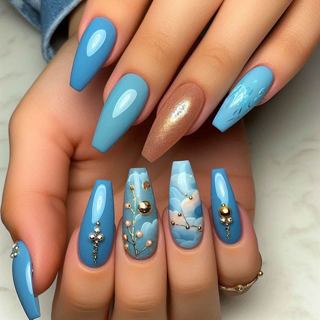 Elegant Blue Birthday Nails Coffin Short