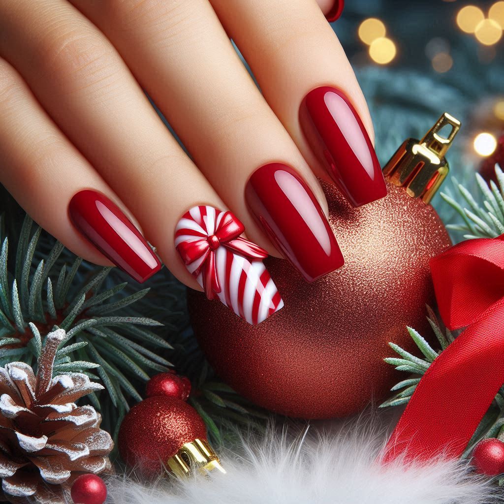 Holiday Red Nails with Candy Cane Bow Design