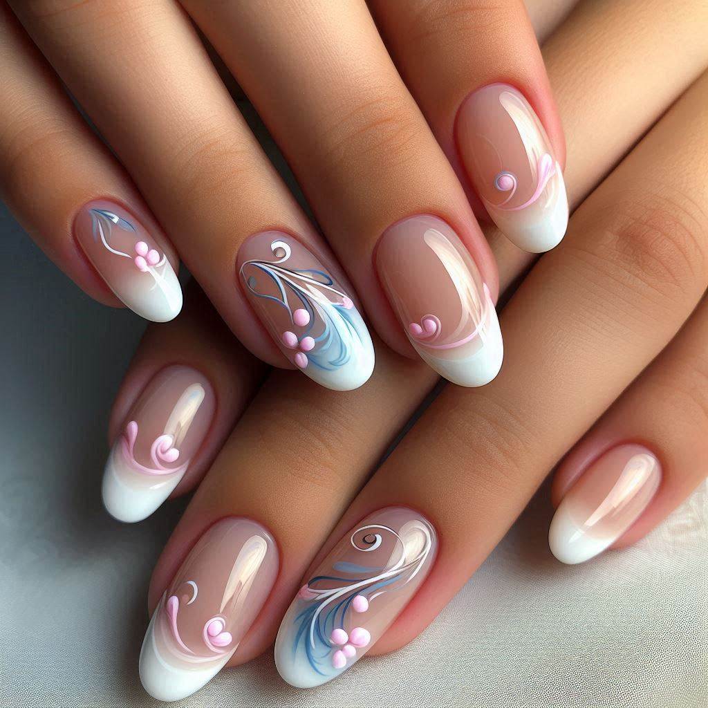 French Tip Nails Short with Swirl Designs for a Modern Twist