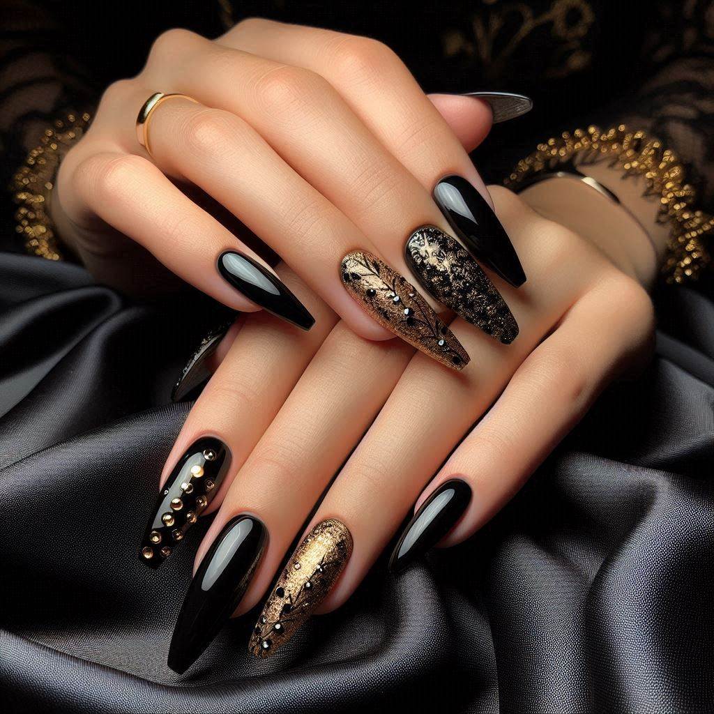 Black & Gold Acrylic Nails