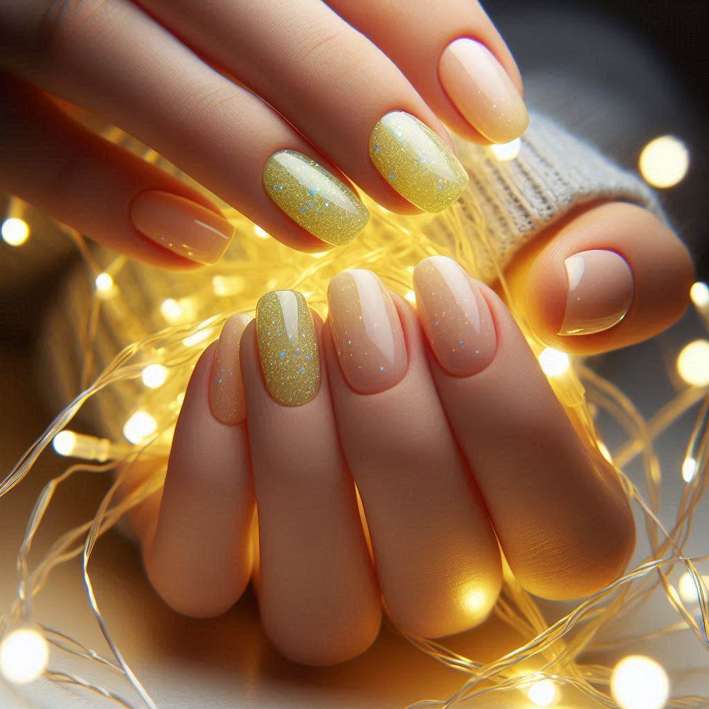 Soft Yellow Pastel Nails with Glitter for a Delicate Shine