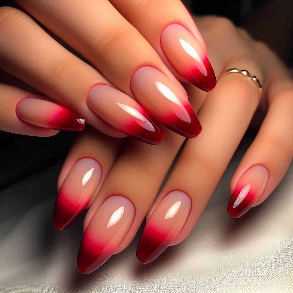 Red French Tip Nails with Ombre Effect for a Soft Gradient