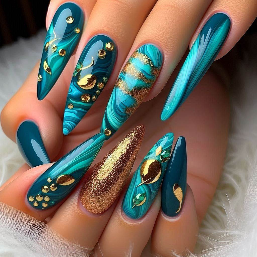 Girly Acrylic Nails Teal and Gold