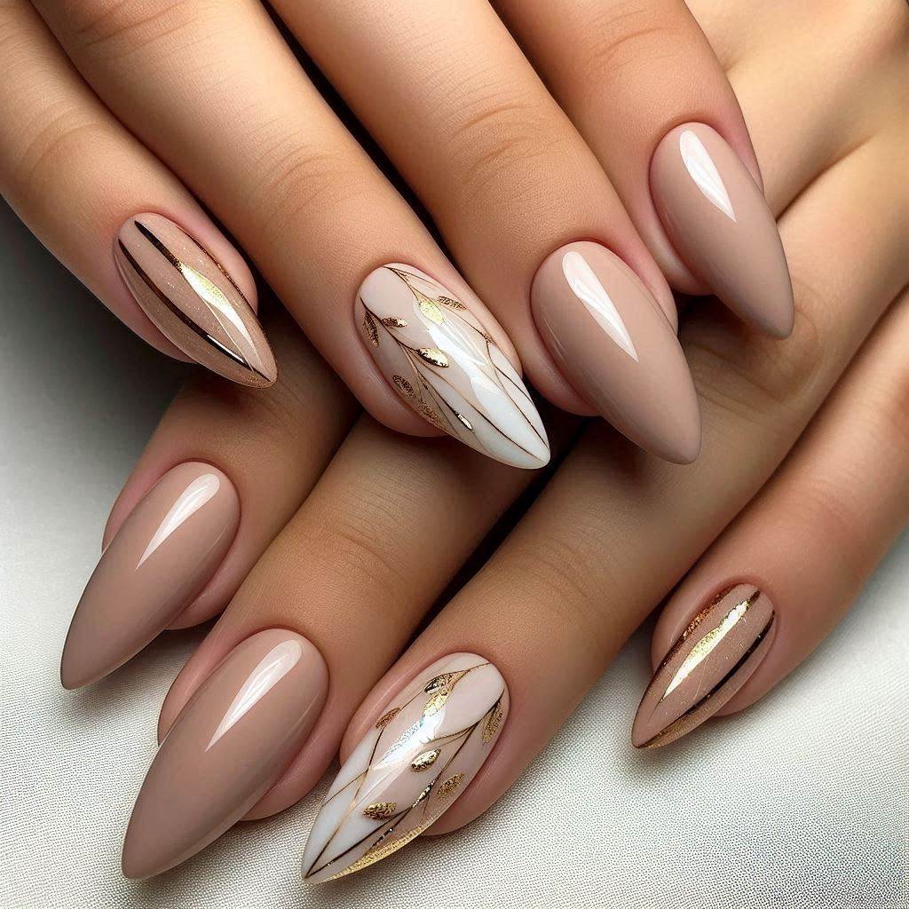 Girly Acrylic Nails Nude and Gold