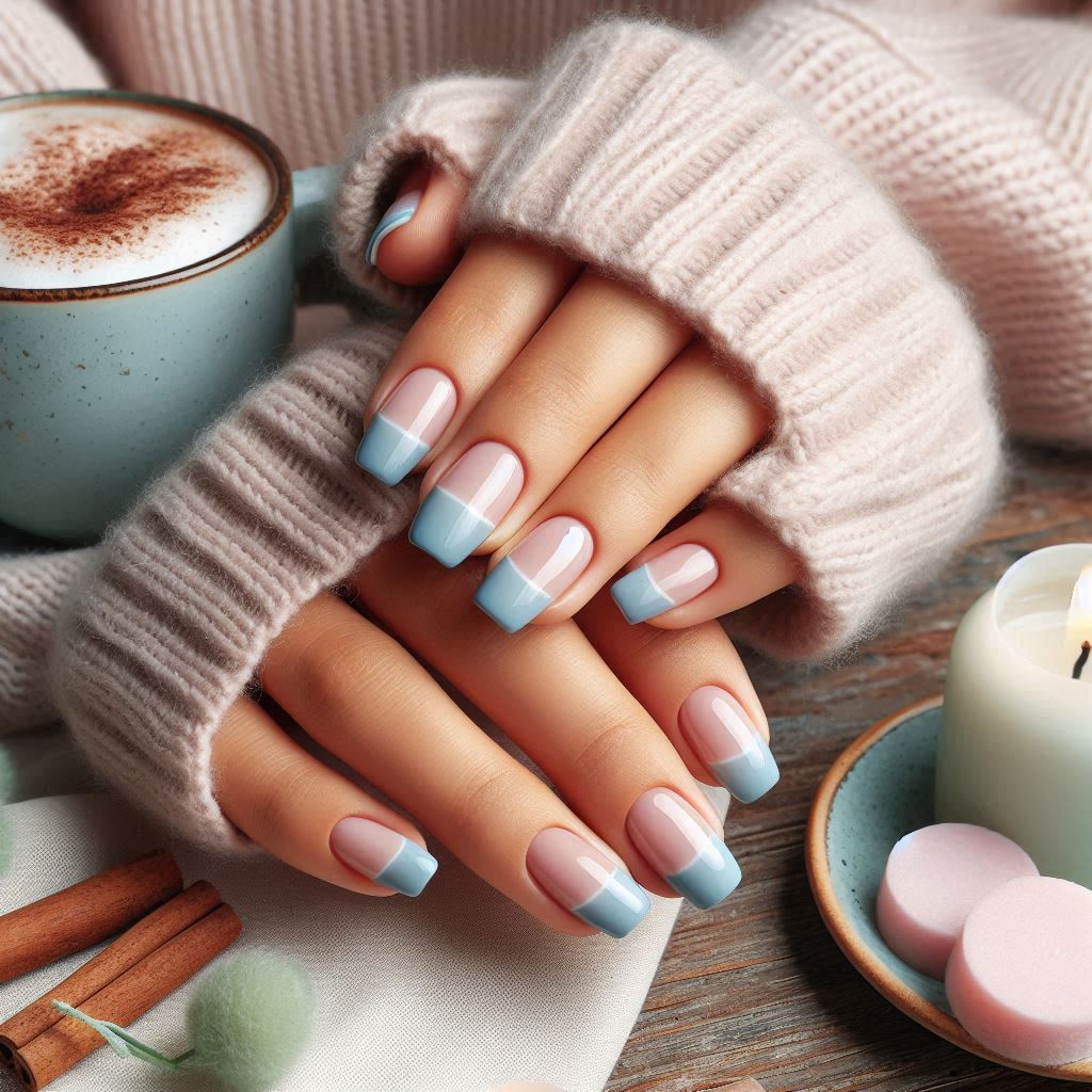  Baby Blue Short French Tip Gel Nails