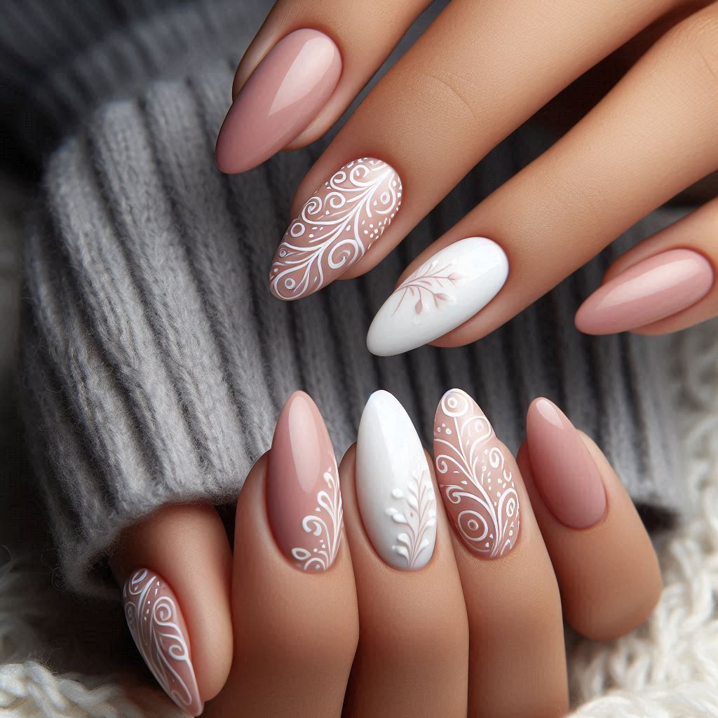 Milky Pink Almond Nails with White Swirl Art