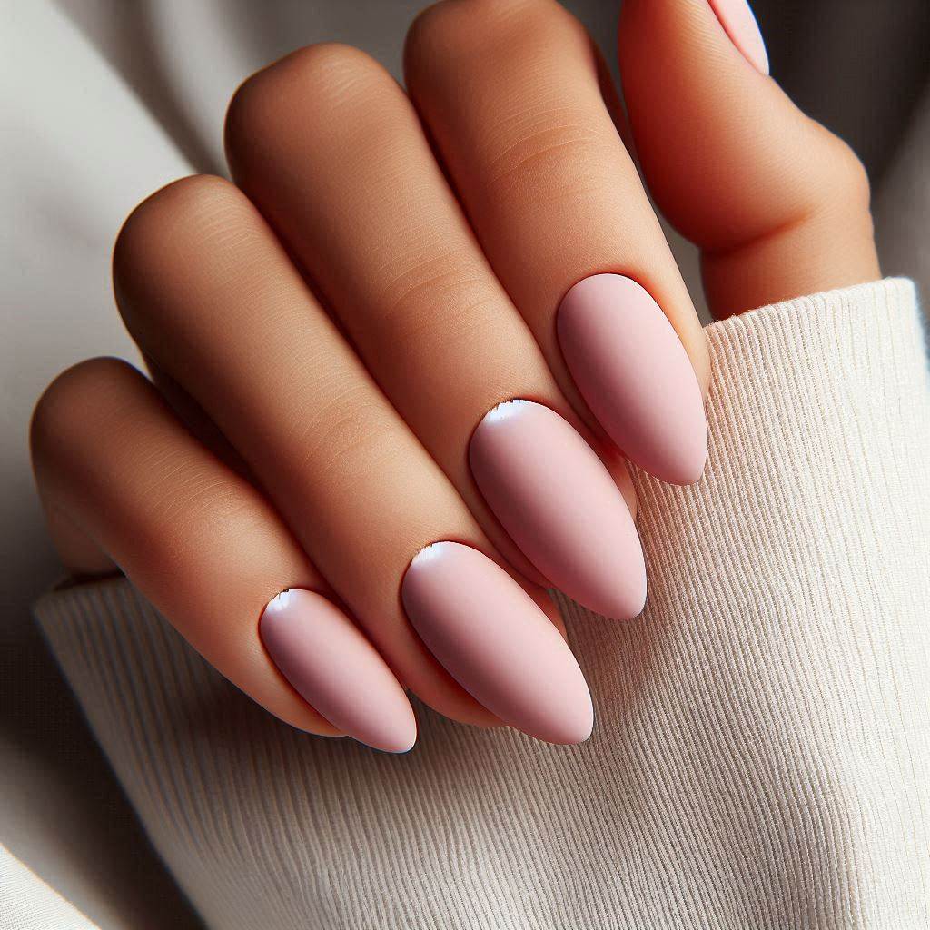 Milky Pink Almond Nails with a Matte Finish