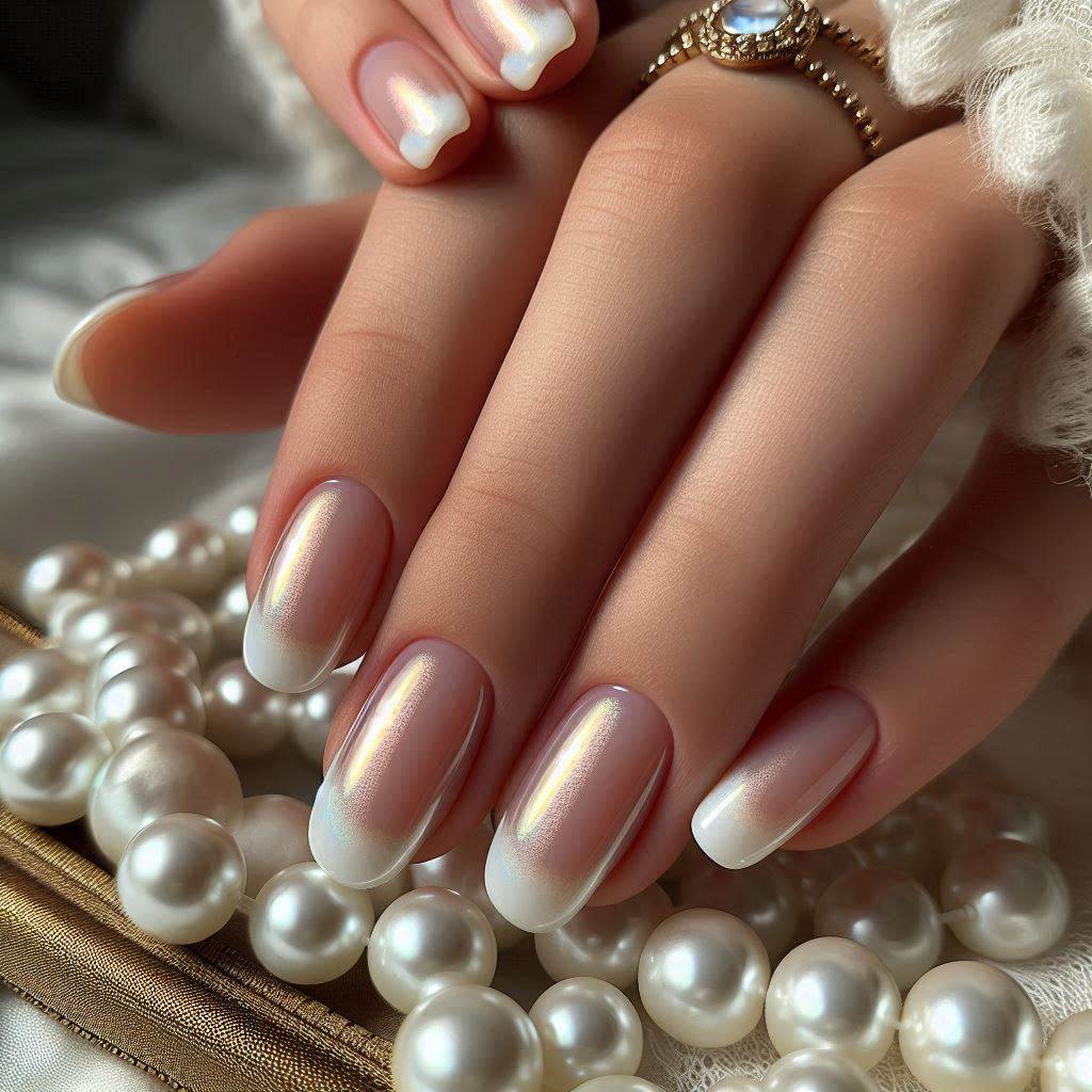 Short Almond French Tip Pearl Nails – Luxurious Elegance