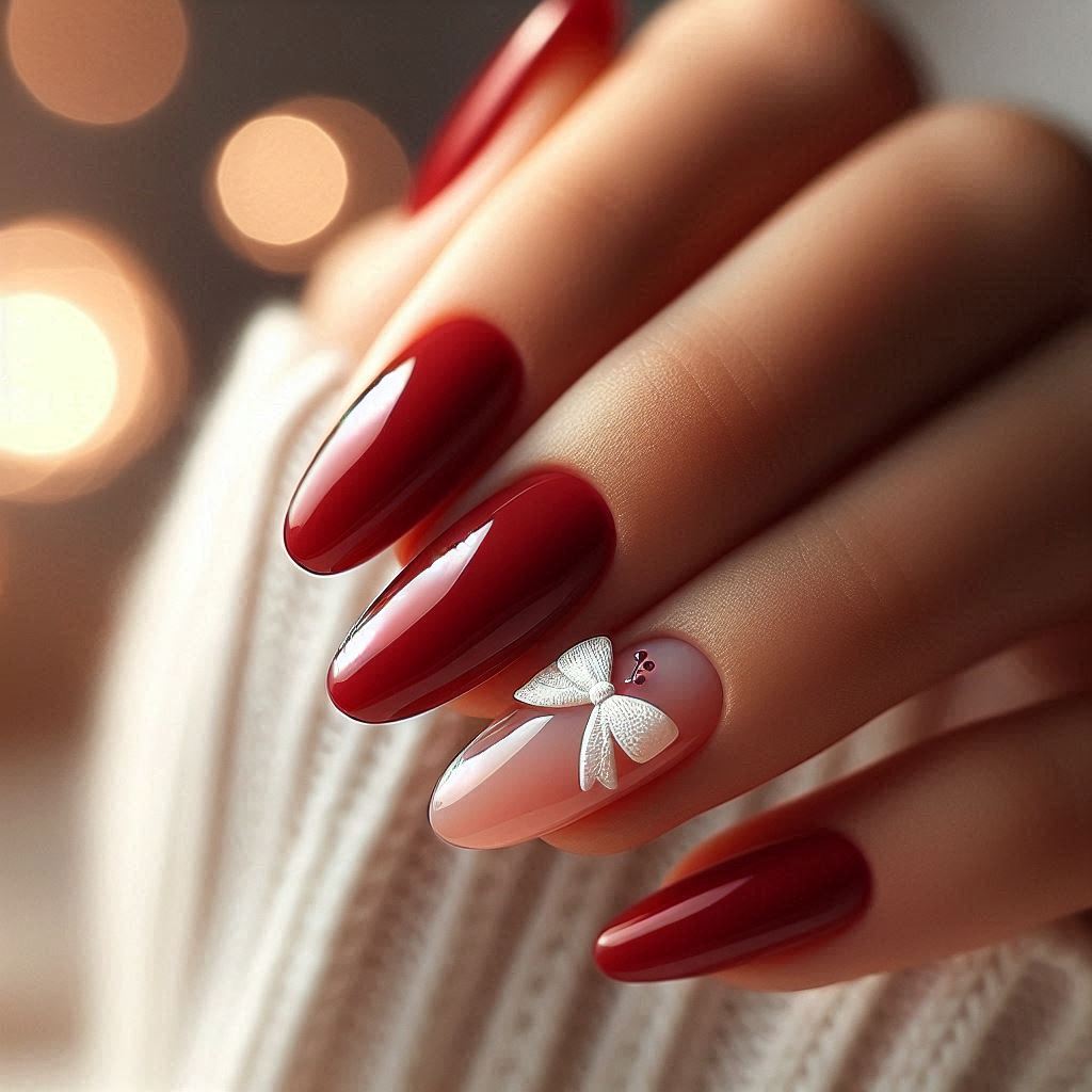 Classic Red Nails with White Bow Accent