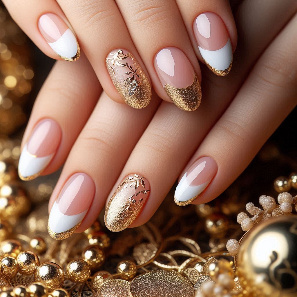 Short Almond French Tip Nails with Gold Foil – A Touch of Luxury