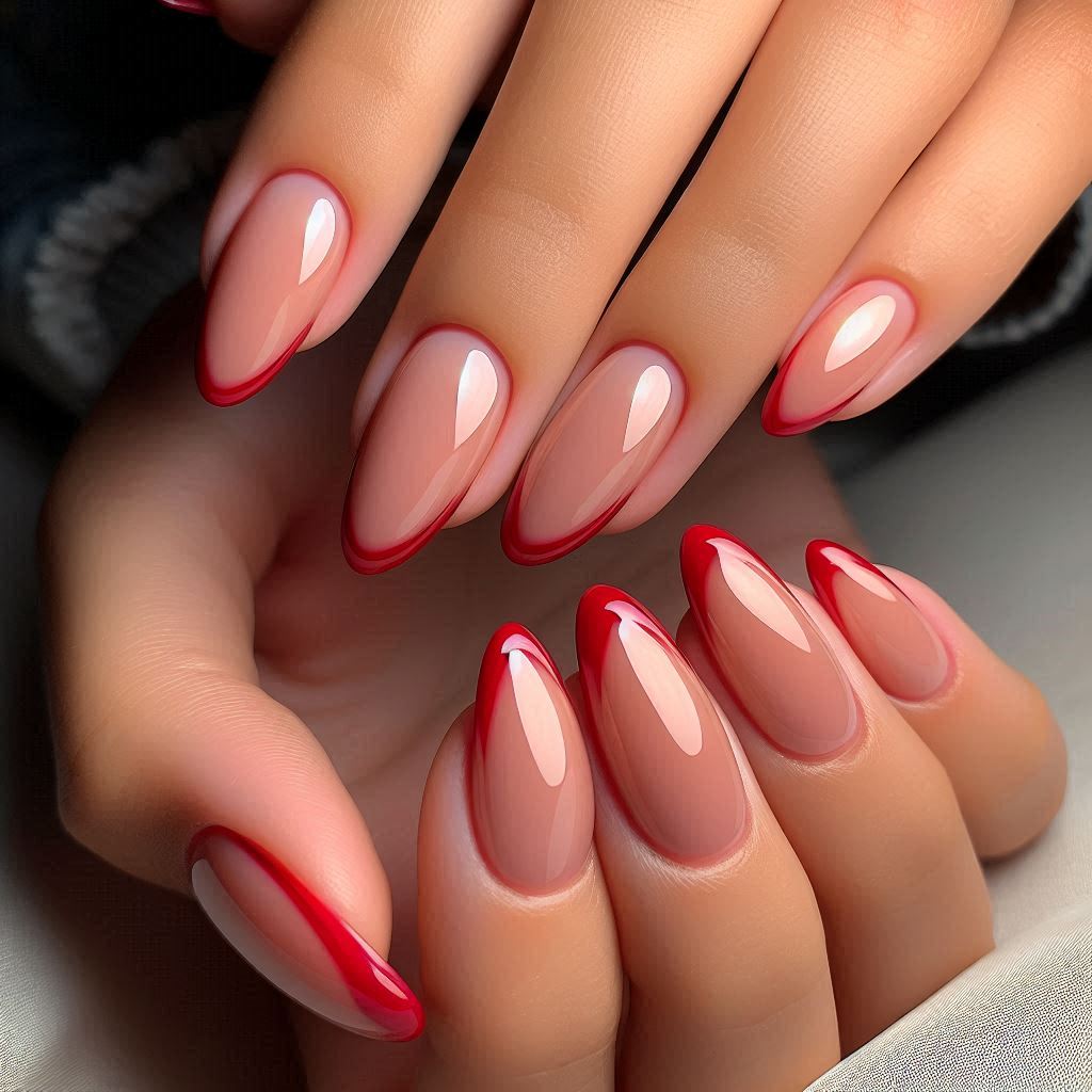 Almond-Shaped Red French Tip Nails for a Feminine Look