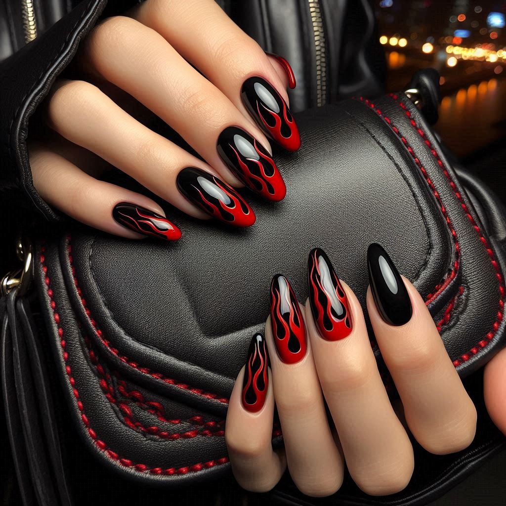  Matte Black Nails with Glossy Red Flames