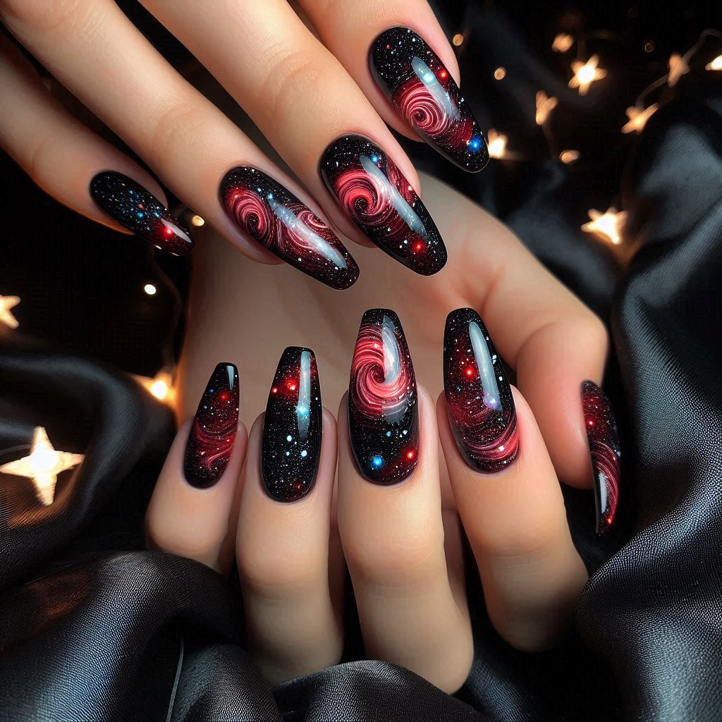  Black and Red Starry Galaxy Nails