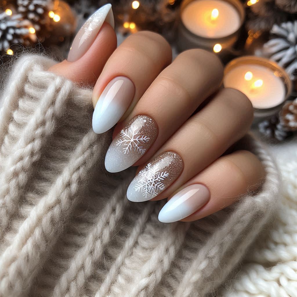 Icy White Ombre Almond Nails for a Winter Wonderland Look