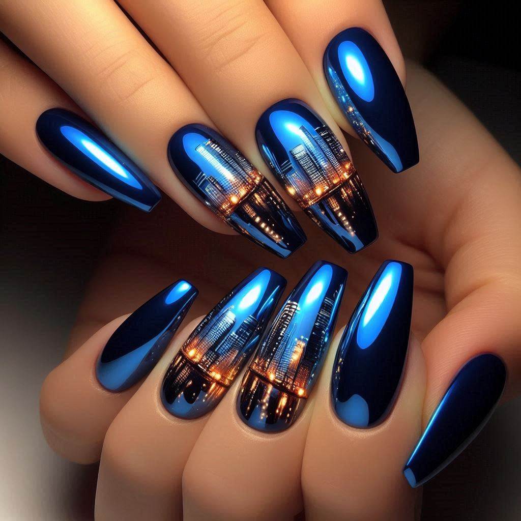 Royal Blue and Silver Chrome Nails for a Futuristic Look