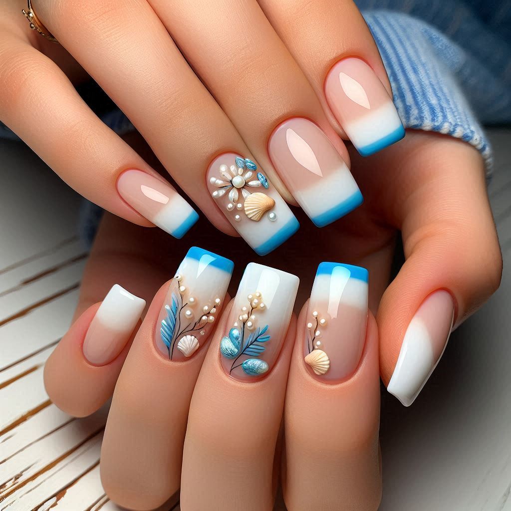 Milky White & Blue French Tips – A Chic Classic