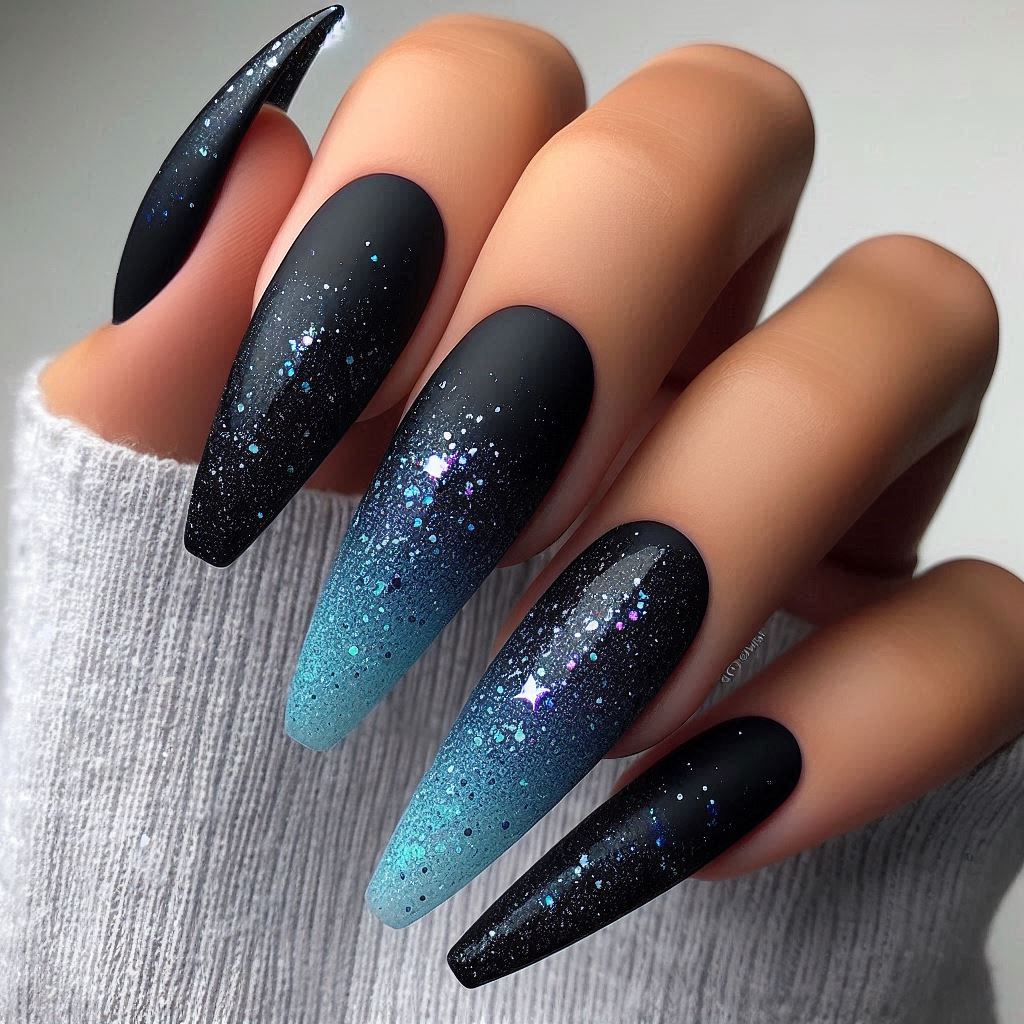 Cosmic Spark: Matte Black with Blue Glitter Ombre