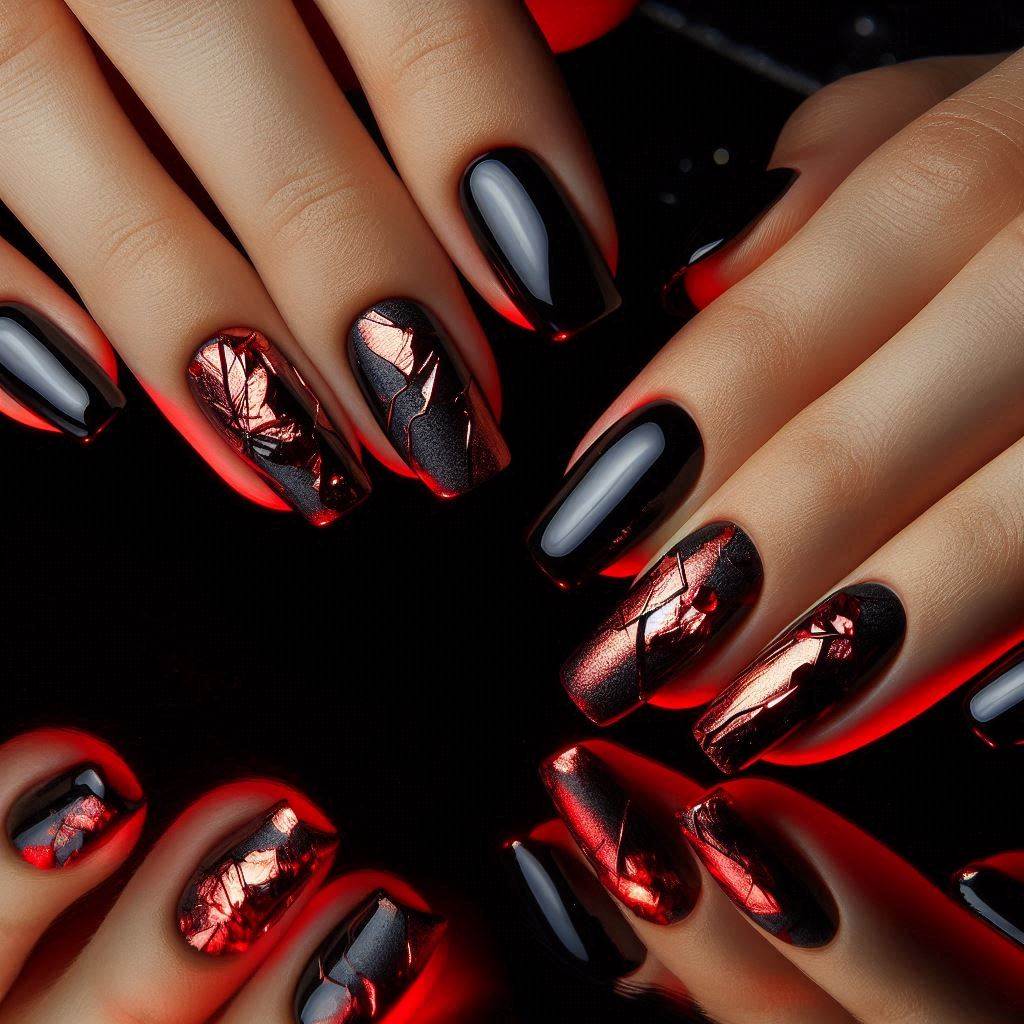 Black Nails with Metallic Red Foil Accents