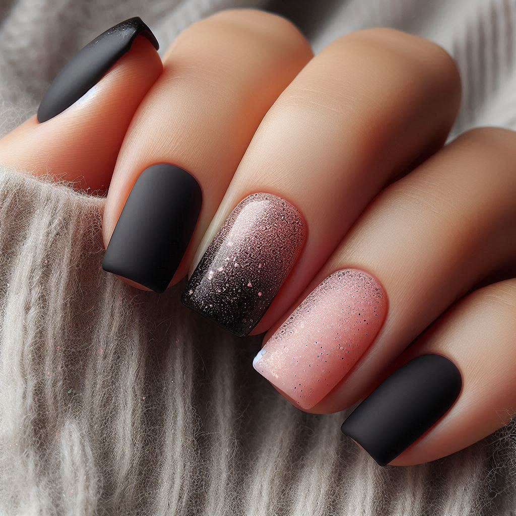 Royal Romance: Matte Black with Pink Glitter Ombre