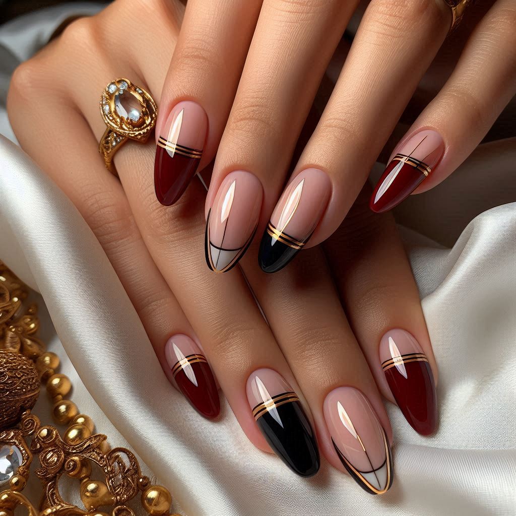 Red and Black French Tips with Gold Accents