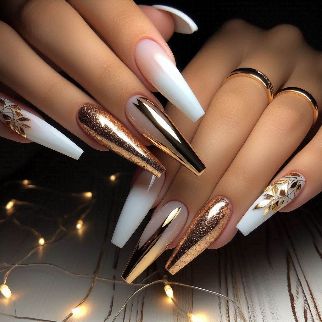 Coffin White and Gold Birthday Nails