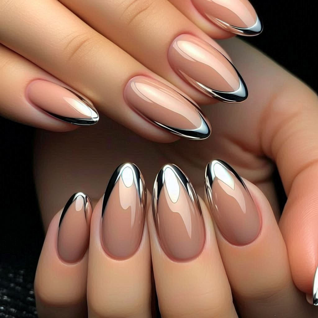 Nude Chrome Almond French Tip Nails