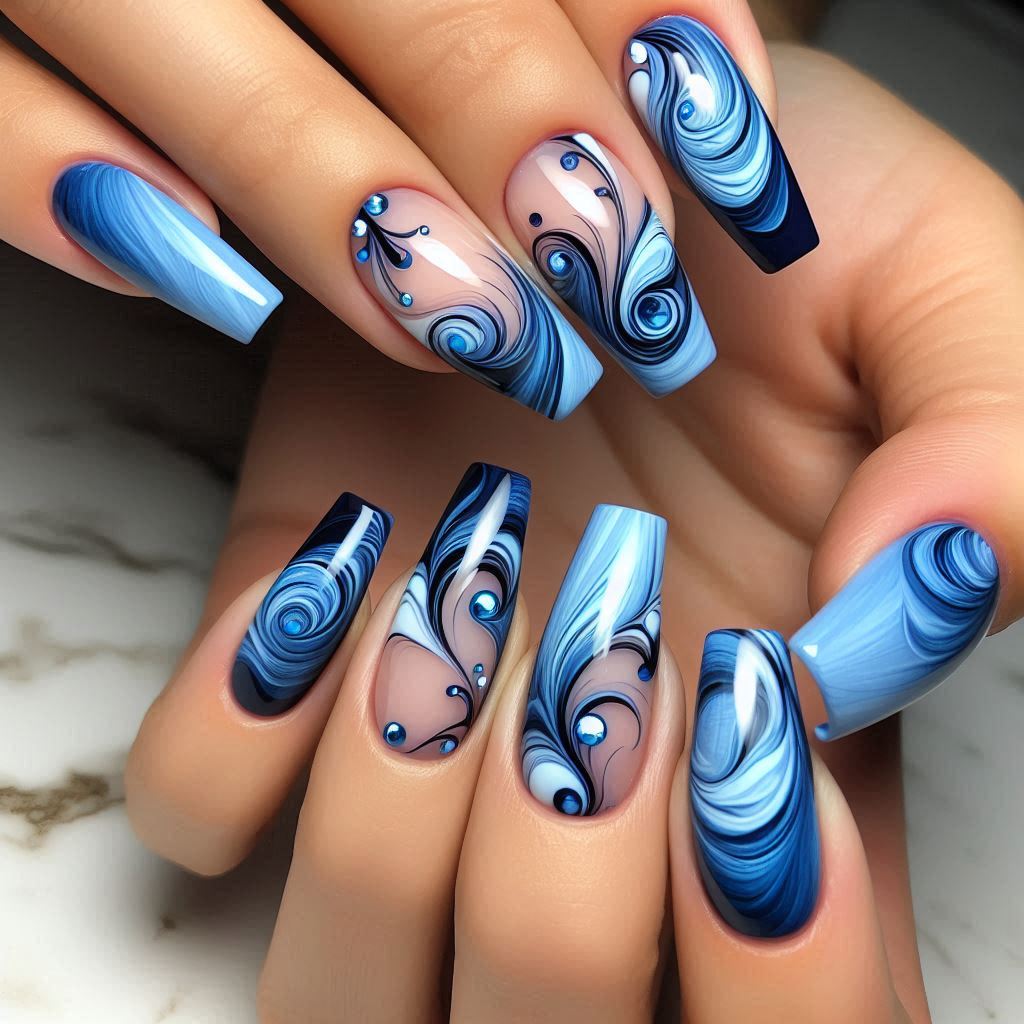 Blue French Tip Nails with Marble Design