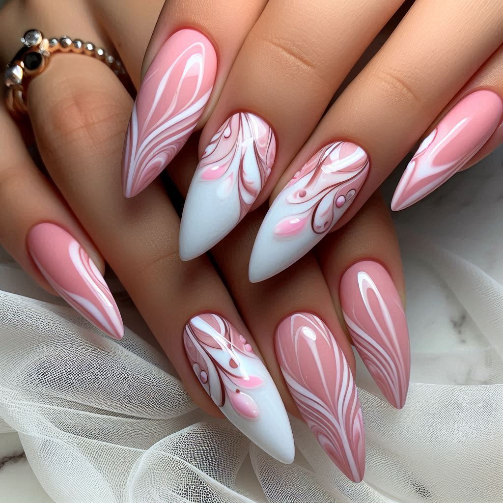 Pink & White Swirl Nails