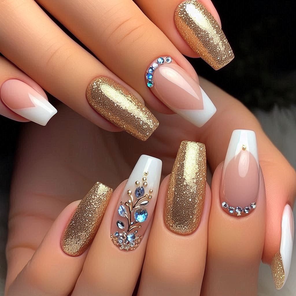 Gold Bling Acrylic Nails Short