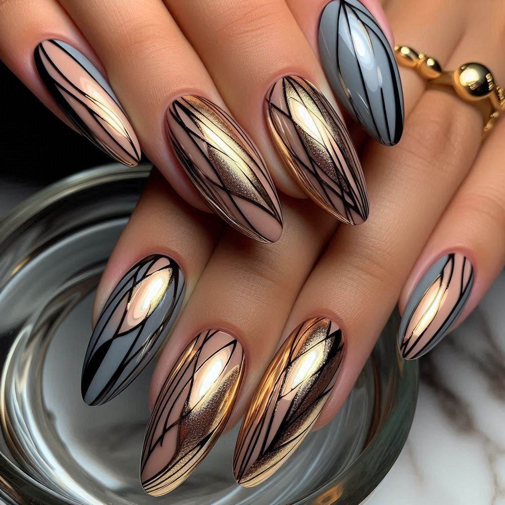 Nude Chrome Almond Oval with Abstract Art