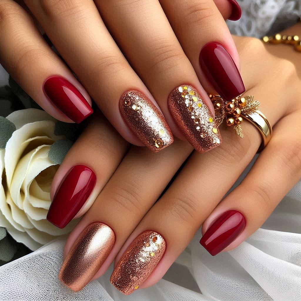  Red and Gold Glitter Accent Nails