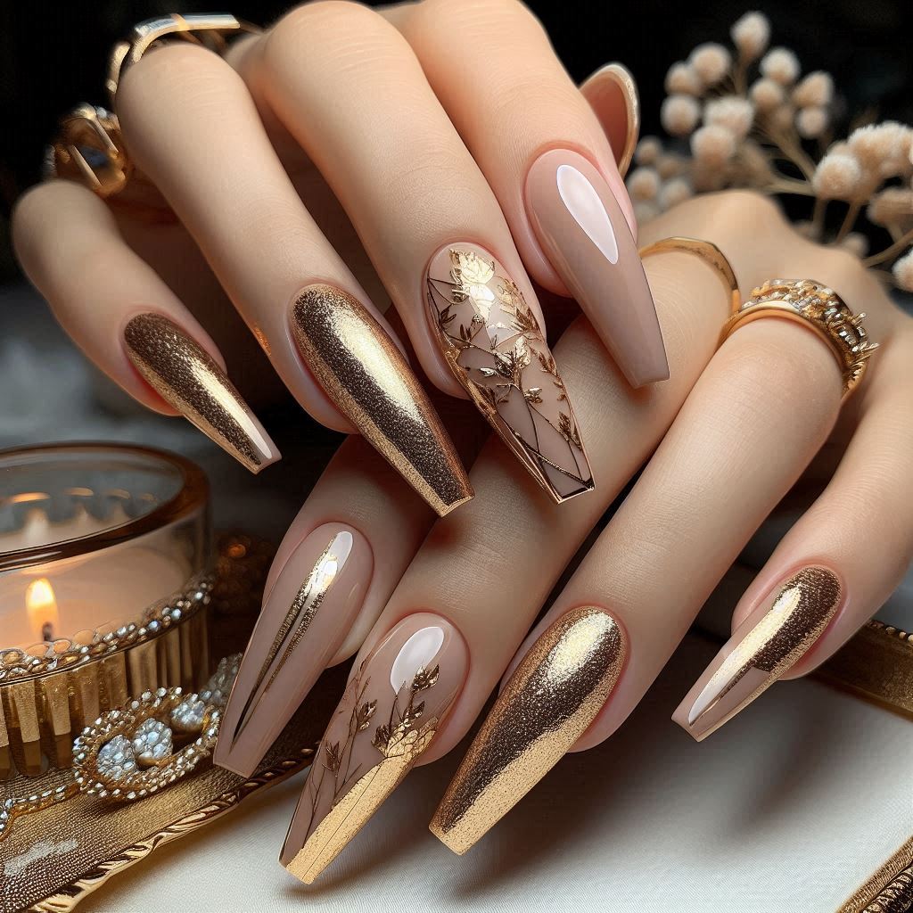 Elegant Long Coffin Birthday Nails with Gold Foil