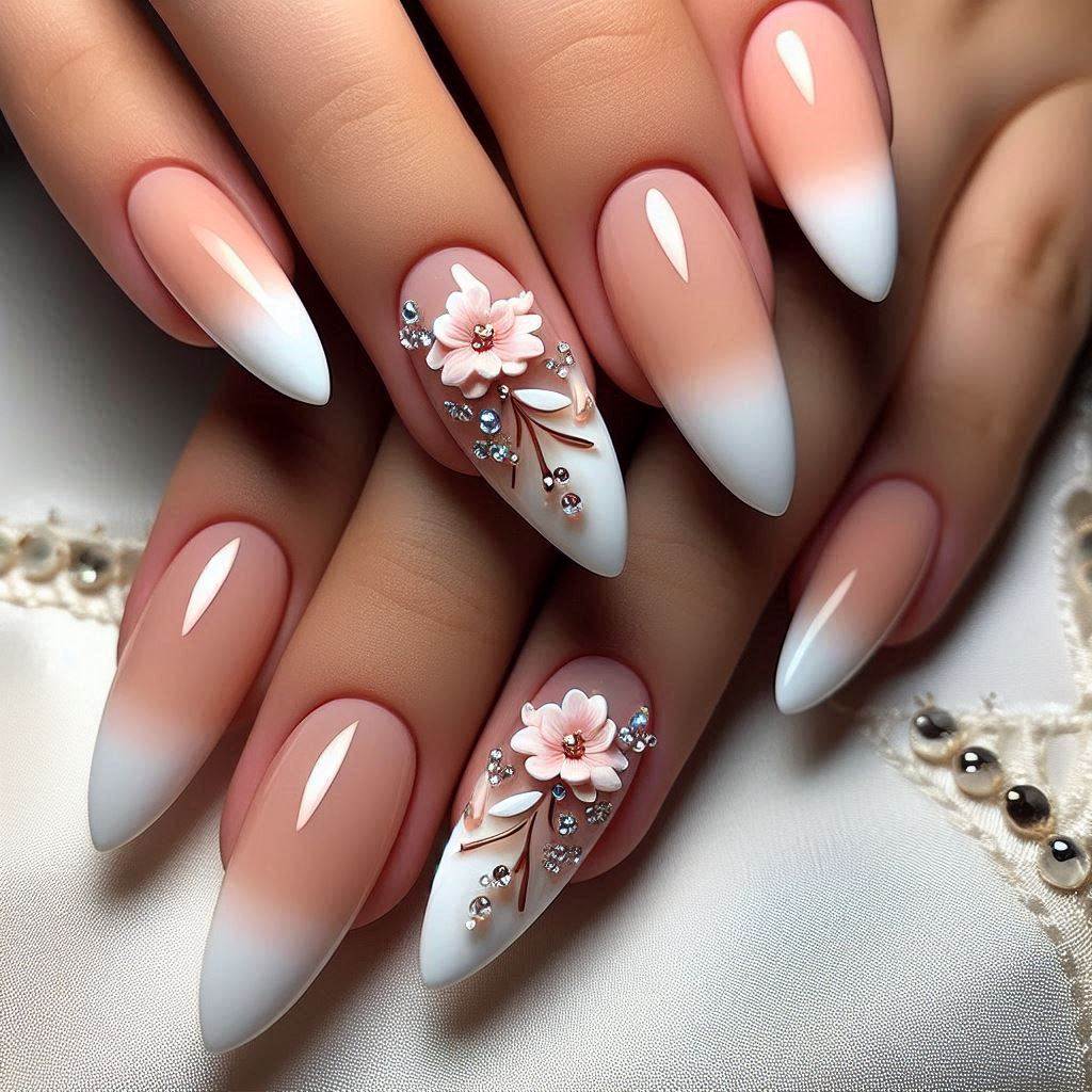 Ombre French Tip Almond Nails with 3D Details 