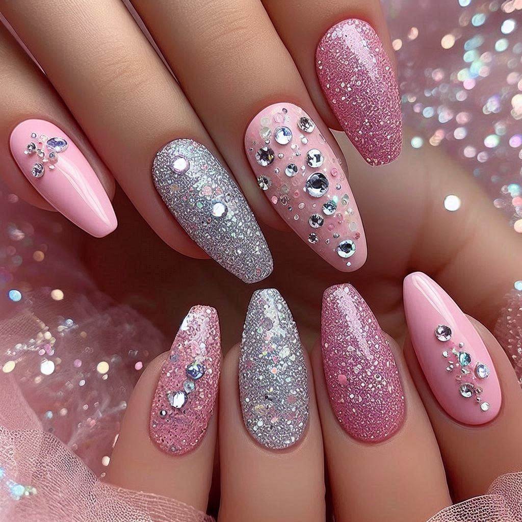 Pink and Silver Glitter Bling Nails