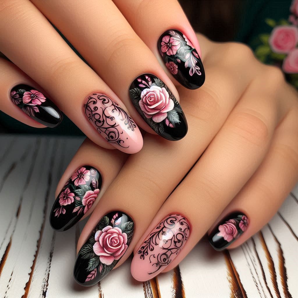 Black Nails with Pink Rose Art