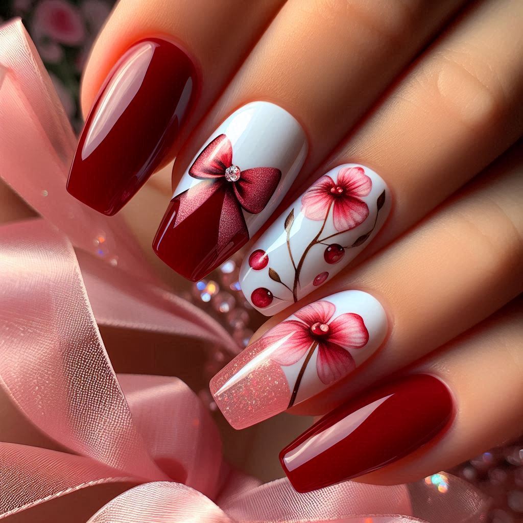 Cherry Red Nails with Hand-Painted Bow