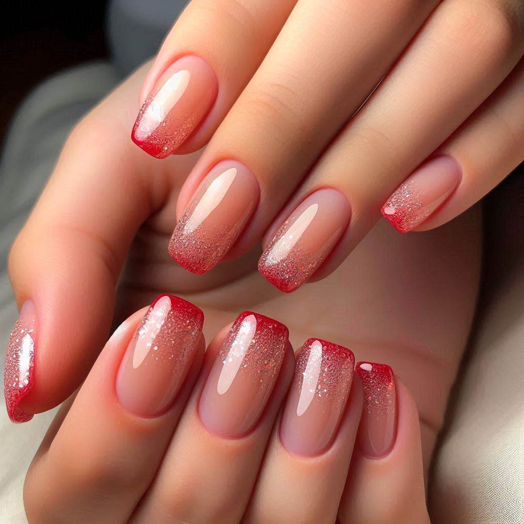 Short Red French Tip Nails with a Glitter Fade