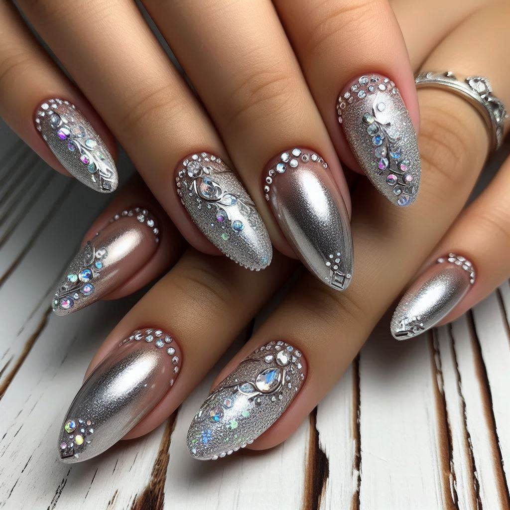  Silver Bling Acrylic Nails Short