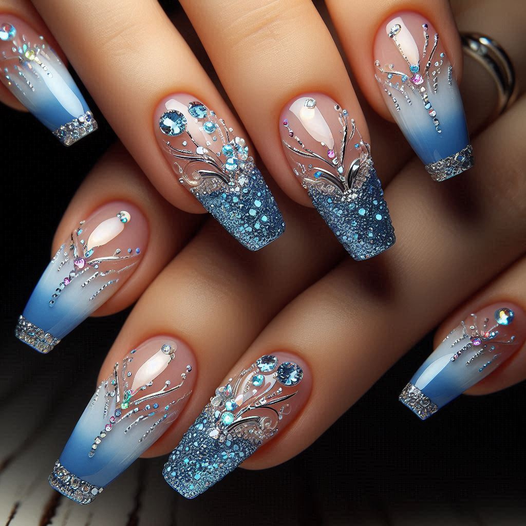 Blue Nails French Tip with Rhinestones