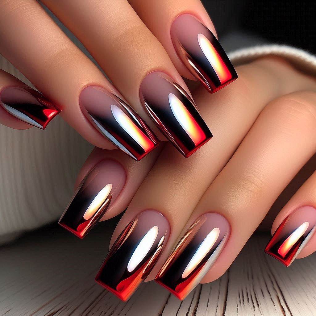 Red Chrome French Tip Nails Square Short