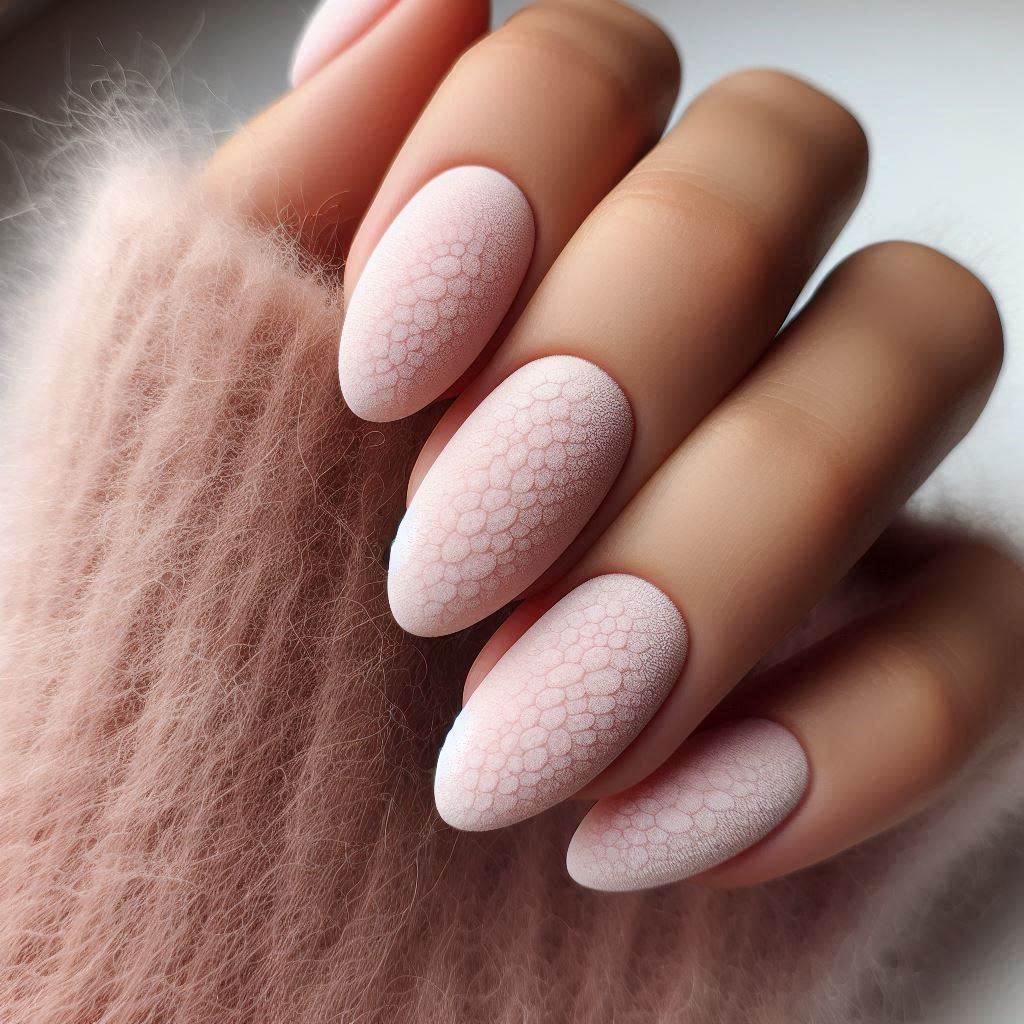 Milky Pink Almond Nails with Velvet Effect